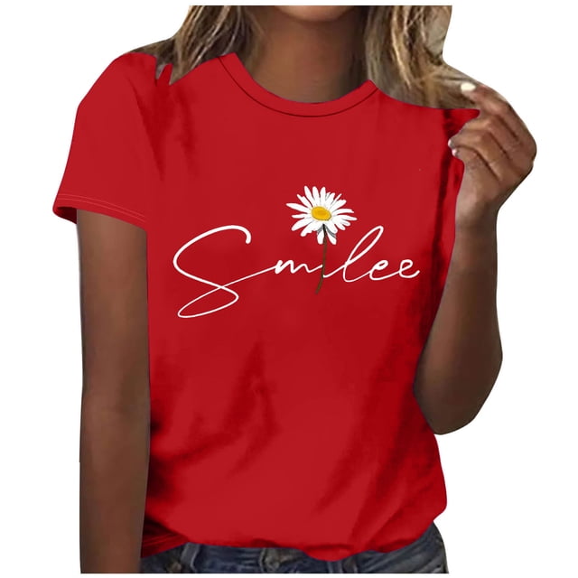 Birdeem Blouses pour Femmes Imprimé Lettres Col Rond Manches Courtes Haut/chemise