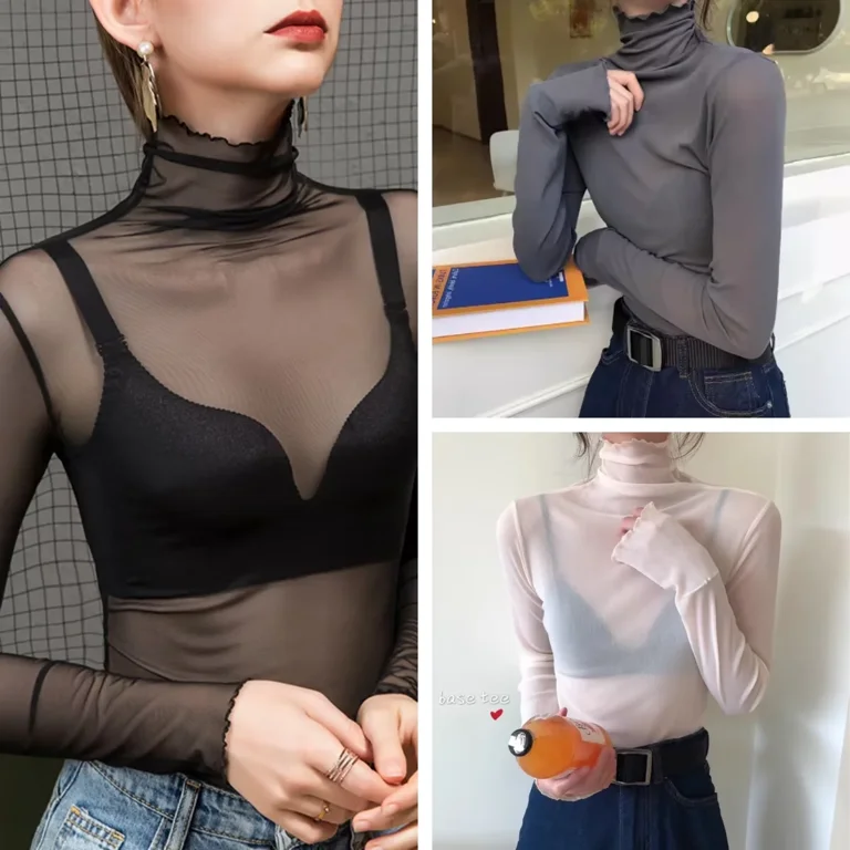 Celebrities Elegant Solid See-through Mesh Turtleneck Tops Celebrities Elegant Solid See-through Mesh Turtleneck Tops