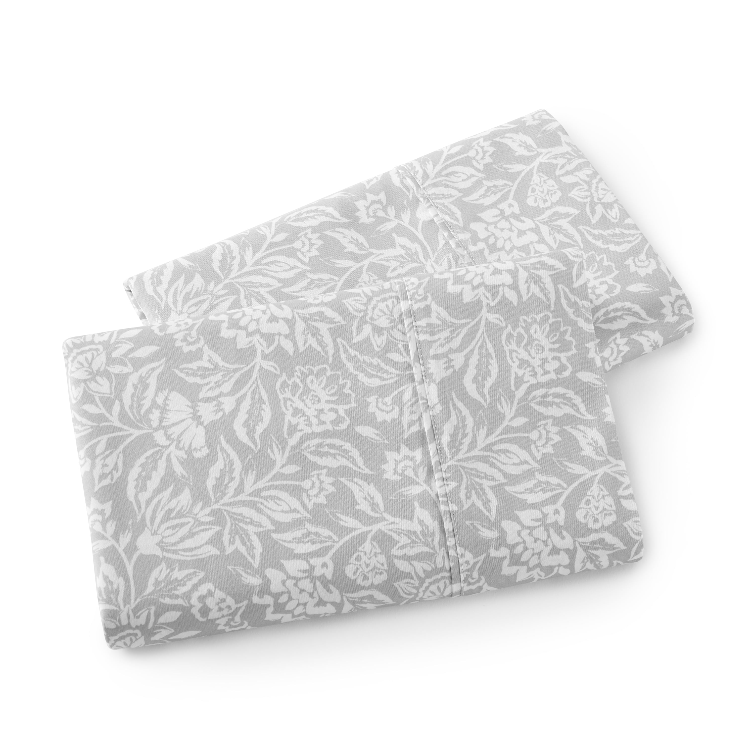 Better Homes & Gardens 2-Piece 300 Thread Count Block Print Floral Soft Silver Cotton Sateen Pillowcase Set, Standard/Queen