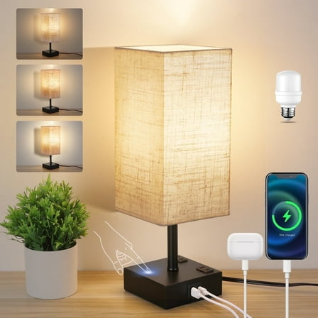 Walchoice Touch Control Table Lamp for Bedroom, 3-Way Dimmable Desk Lamp with USB A C Charging Ports & 2-Prong AC Outlets, Nightstand Lamp with Rectangular Flaxen Shade