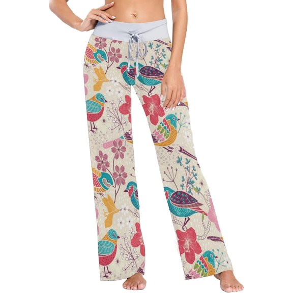 Women's Pajama Pants Floral Bird Pattern Comfy Stretch Sleepwear Essentials womens Lightweight Lounge Terry Pajama Pant, Small