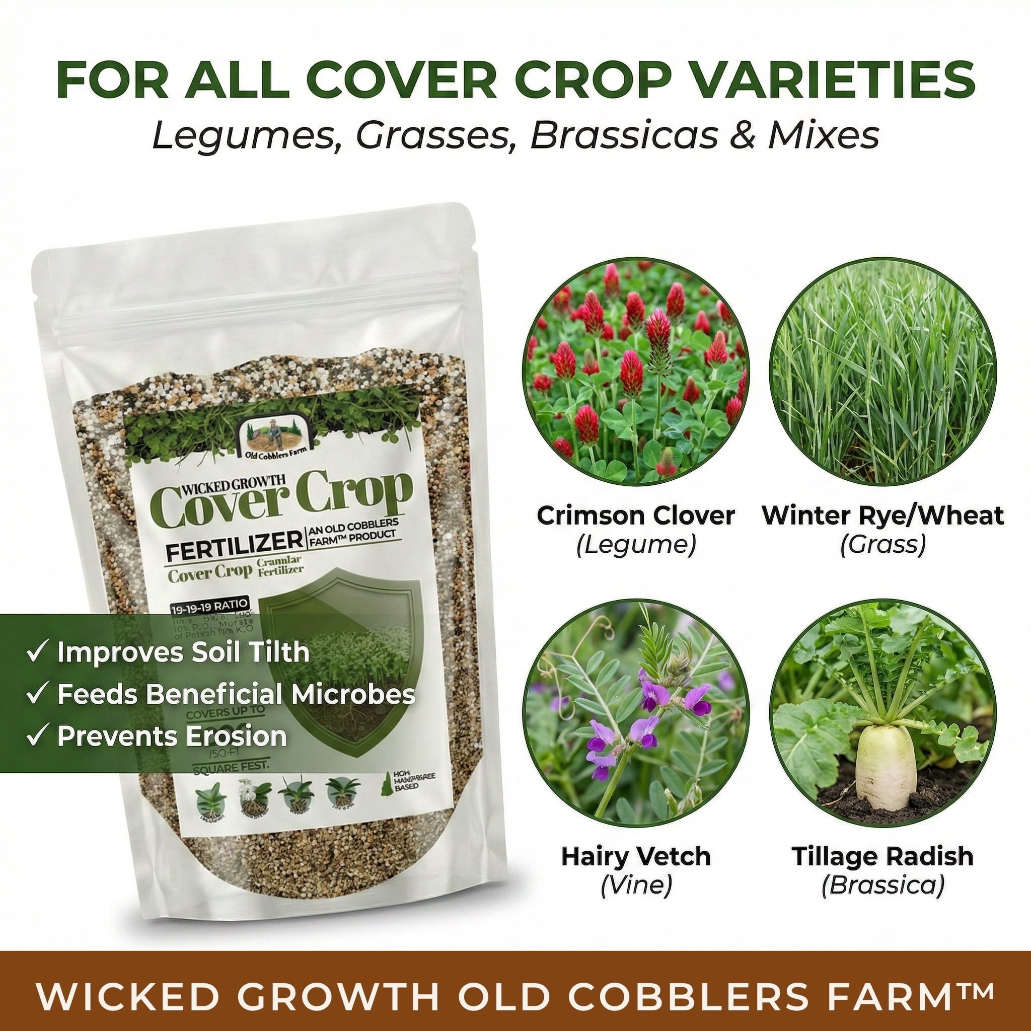 Old Cobblers Farm™ Cover Crop Food - Premium Fertilizer - Improves Soil Quality, boosts Organic Matter, and restores Soil Balance Between plantings (15 lbs)