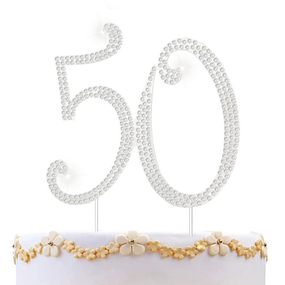 50th Cake Topper Rhinestone Birthday Wedding Anniversary Party Diamond Number Cake Decoration Perfect Keepsake Silver