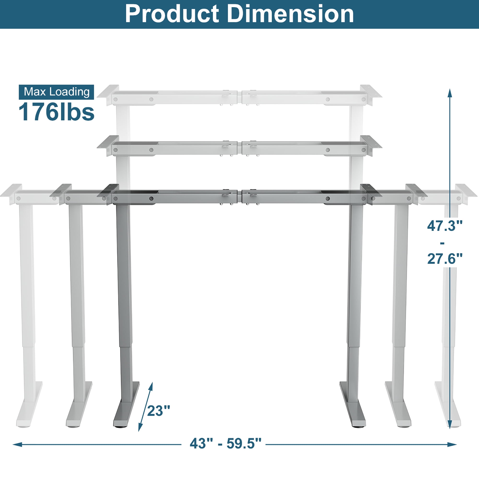 Angeles Home 53.5 in. W Steel Adjustable Electric Writing Sit-Stand Desk Frame with Button Controller, White, No Tabletop