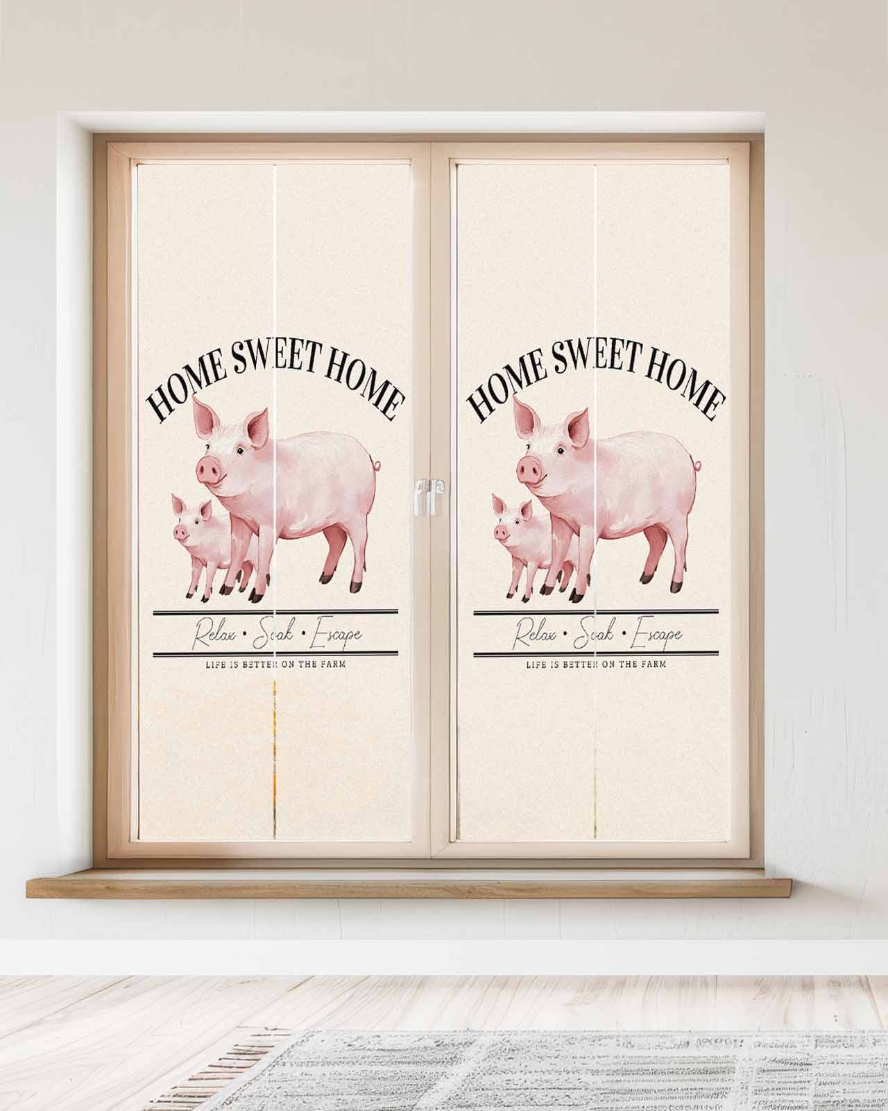 Window Privacy Film Farmhouse Pig Stained Glass Window Film Decorative Sun Block Window Cover Watercolor Cute Animals Retro Art Window Clings Static Adhesive Sticker for Bathroom 23.6"x59"