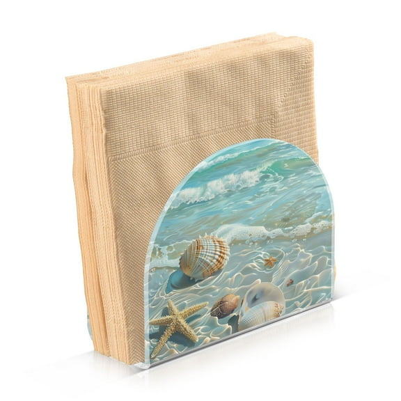 Seashells Sea Stars Beach Napkin Holder for Table Acrylic Clear Tissue Dispenser Stand Kitchen Dining Bar Tabletop Picnic Restaurant Decor