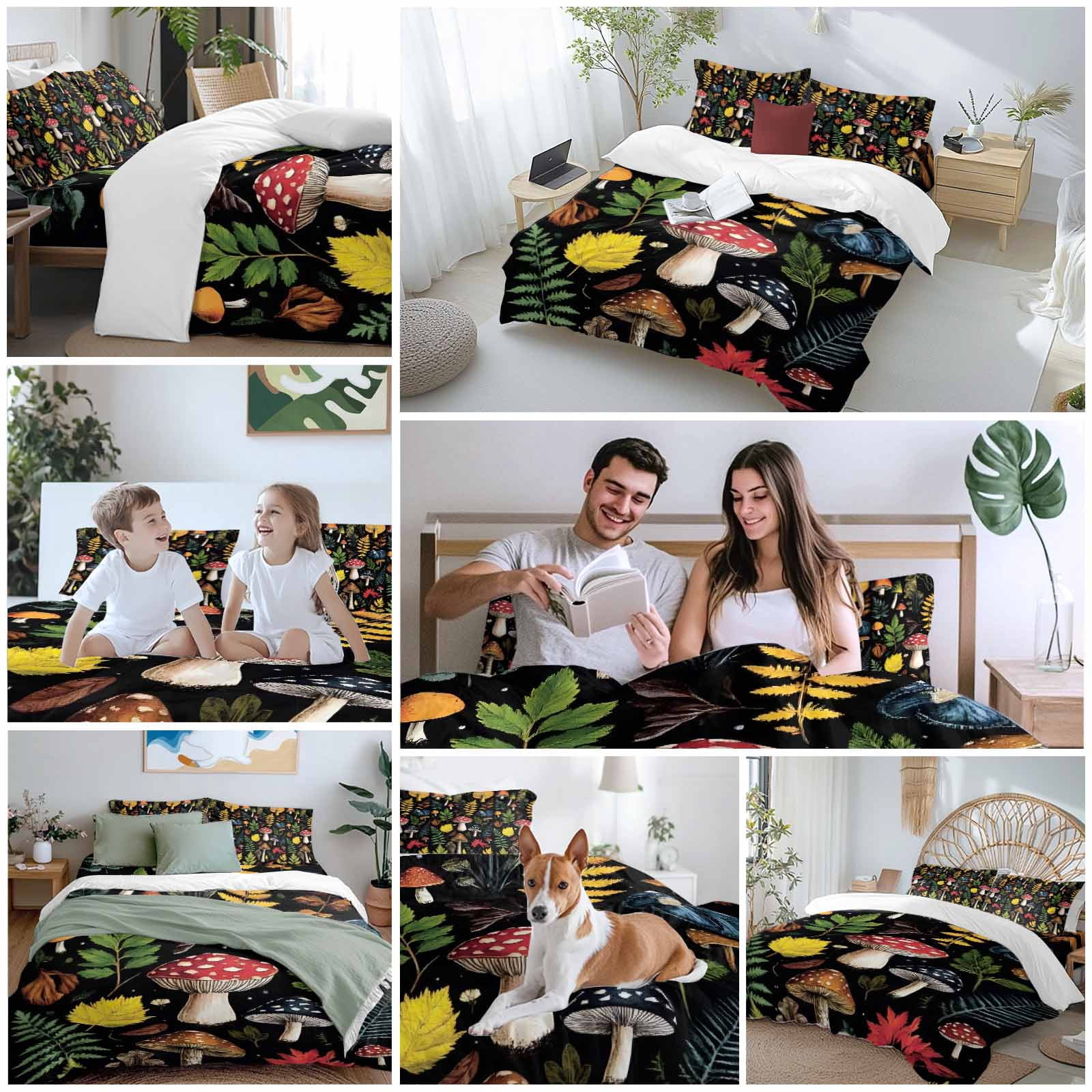 Farm Mushroom Duvet Cover Set King Size, Leaf Fern Plant Retro Black Background 4 Piece Soft Microfiber Bedding Set with 1 Duvet Cover, 1 Flat Sheet, 2 Pillowcases