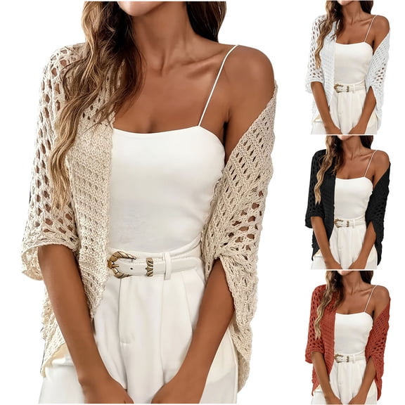 Women's Cardigan 3/4 Sleeve Spring Summer Casual Loose Open Front Solid Color Transparent Lightweight Flowy Beach Coat Holiday Daily Black L