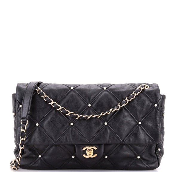 Pre-Owned CC Flap Bag Pearl Studded Quilted Lambskin Medium By Rebag