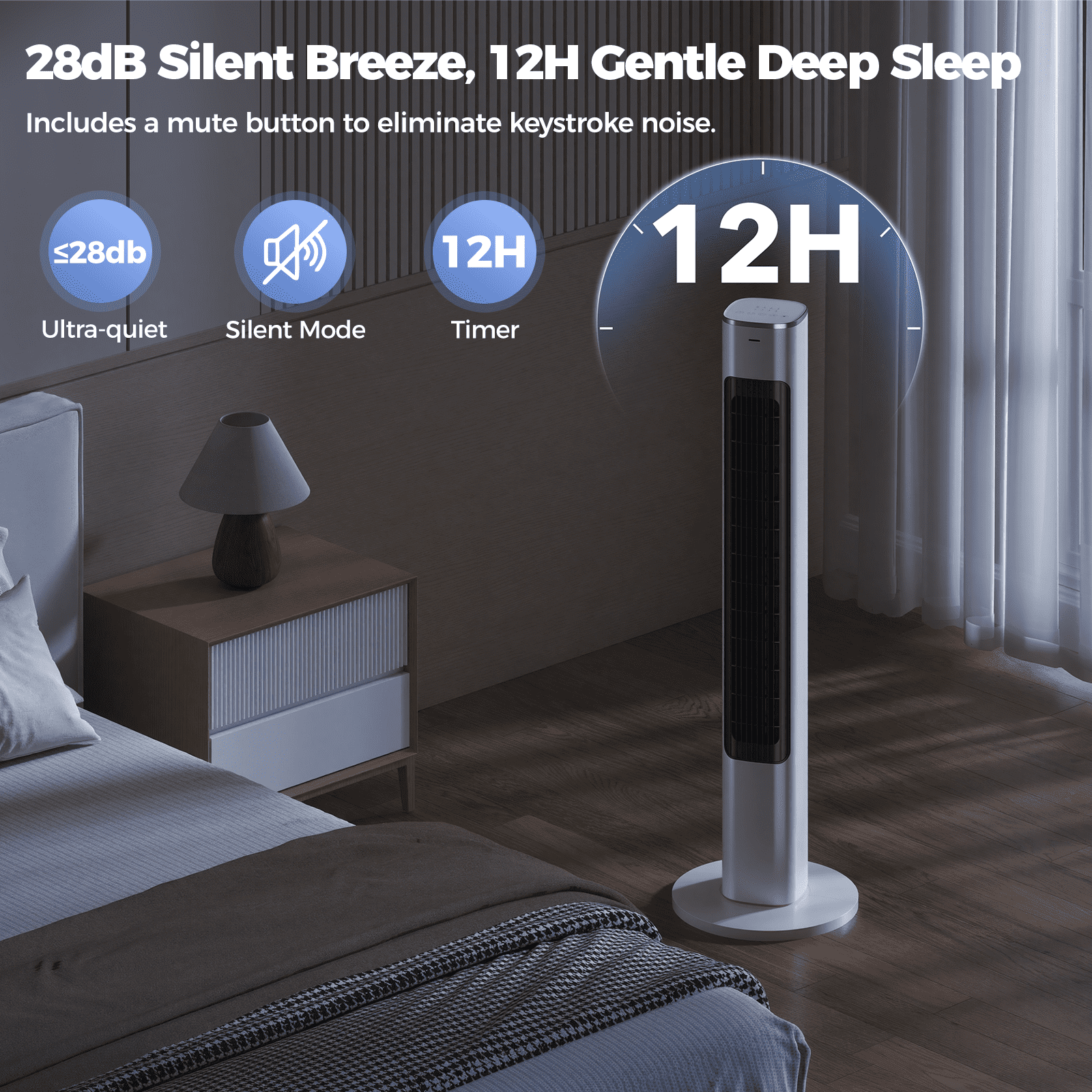 Tower Fan, 40" Electric Fan for Bedroom, 90° Oscillating Stand Fan with Remote, 4 Speeds, 26ft/s, 12H Timer, 28dB, Bladeless Cooling Fans for Home