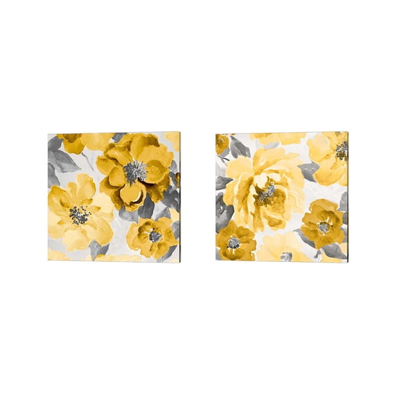 Great Art Now Yellow and Gray Floral Delicate by Lanie Loreth 2 Piece Canvas Art Set Each 14"W x 14"H