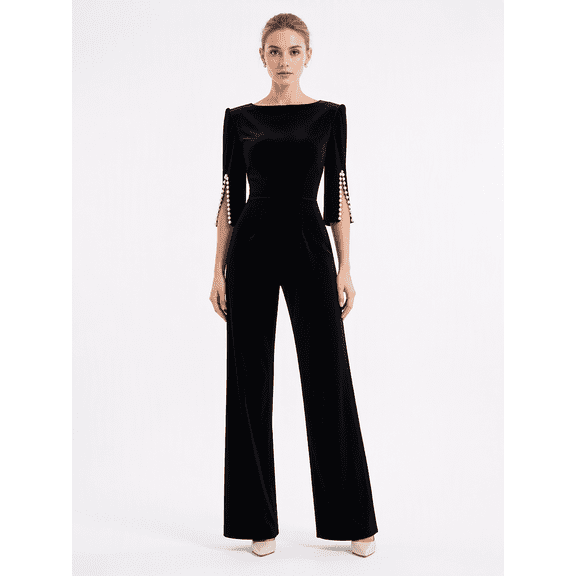 Tbfashion Womens Wide Leg Jumpsuit with Split Cape Sleeves and Bead Detail for Evening Wear