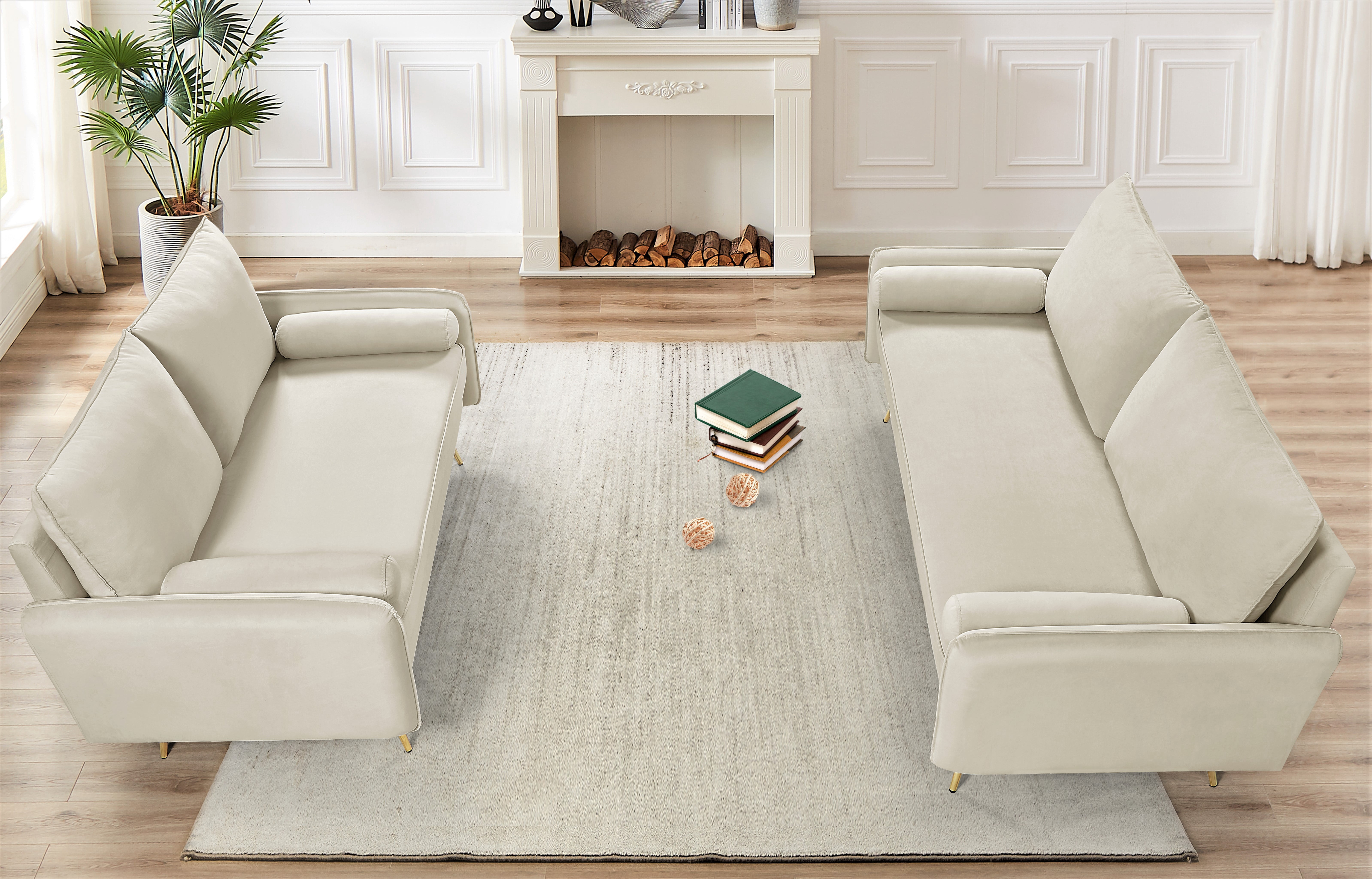 US Pride Furniture Villeda Velvet 2 PCS Living Room Set, Sofa & Loveseat,Ivory