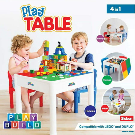 Playbuild  Kids 4 in 1 Play & Build Table Set for Indoor Activity, Outdoor Water Play, Toy Storage & Building Block Fun  Includes 2 Toddler