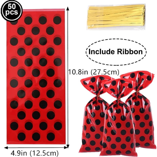Bolsas rojas de plástico con lunares negros para niños, bolsas de dulces, bolsas de celofán para regalo de fiesta temática de mariquita, suministros para fiesta de cumpleaños