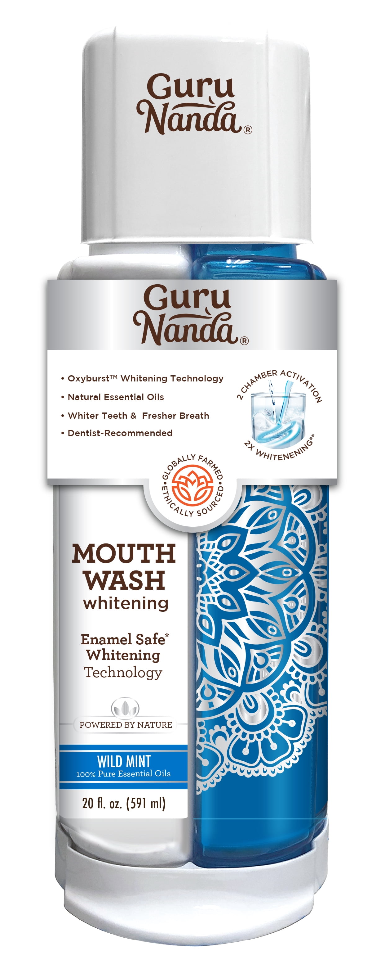 GuruNanda Teeth Whitening Mouthwash – Natural - Dual Barrel Oral Rinse - Alcohol & Fluoride Free, Wild Mint, 20 Oz