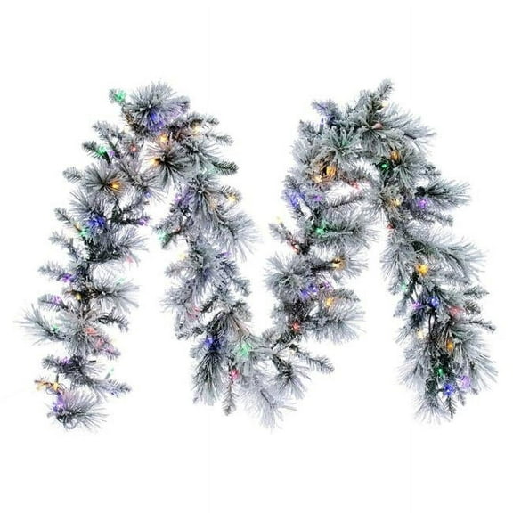 Vickerman G225716LED 9 ft. x 14 in. Flocked Jackson DuraLit 100 Multi Color Garland, Green & White