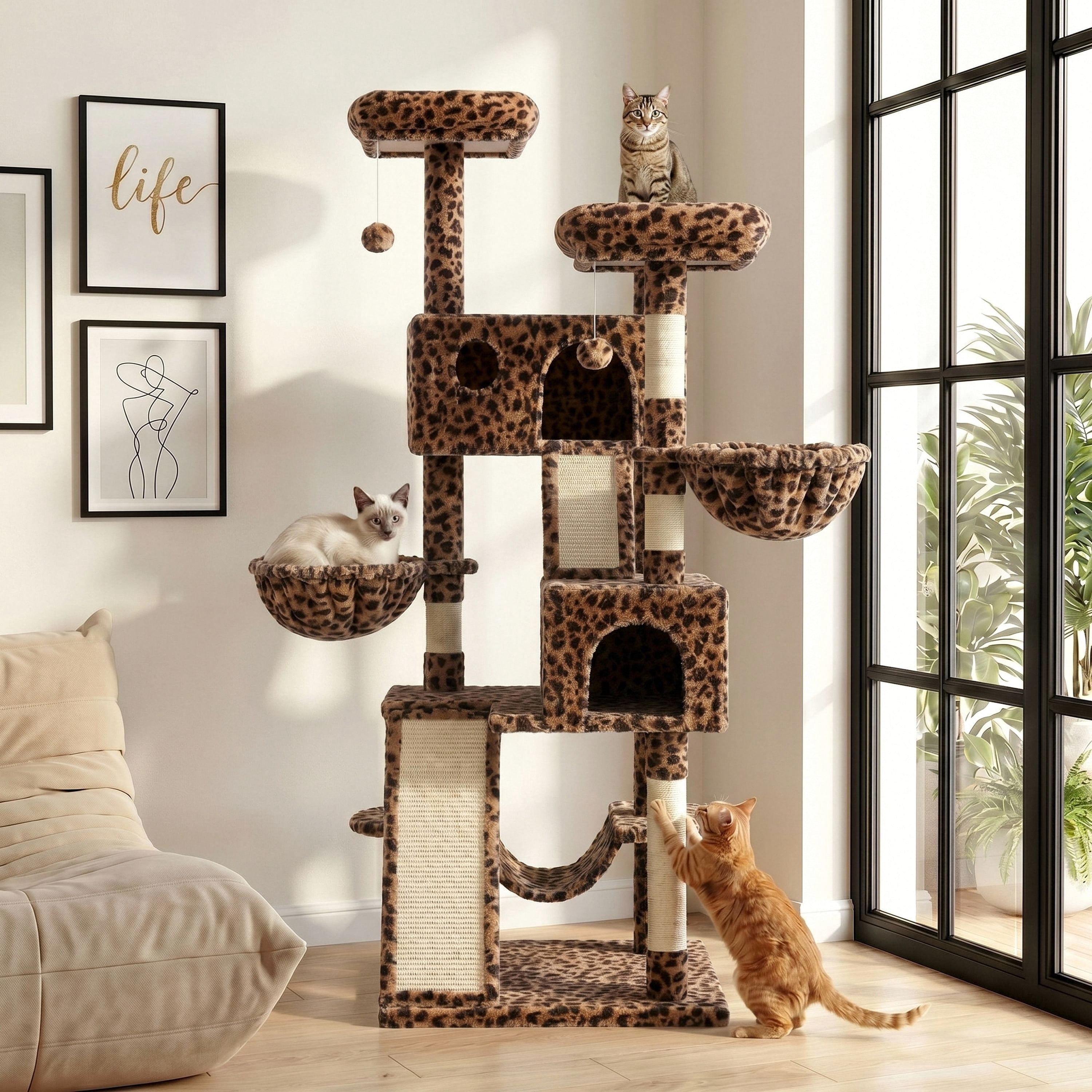 Merrland 65.7" Large Cat Tree Tower Condo for Cats with 2 Scratching Ramps, Hammock & Scratching Posts, Leopard Print