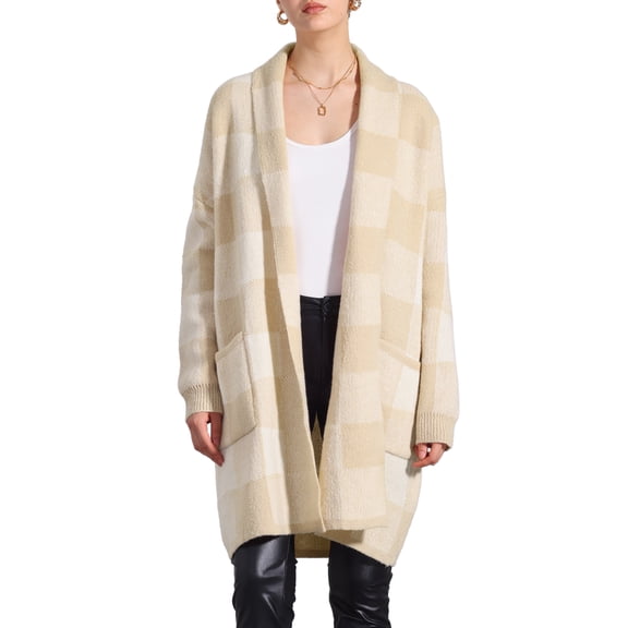 INSPIRE CHIC Women's Plaid Long Sleeve Pockets Open Front Casual Winter Sweater Cardigan XL Apricot