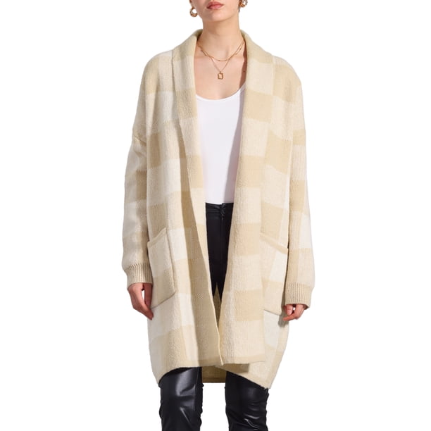 Suéter cárdigan casual de invierno de manga larga a cuadros para mujer INSPIRE CHIC con bolsillos, color albaricoque, talla L