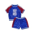 thumbnail image 5 of iixpin Kids Girls Sequin Dance Costumes Sparkly Short Sleeve Tops with Shorts Set Jazz Hip Hop Dance Blue 140, 5 of 7