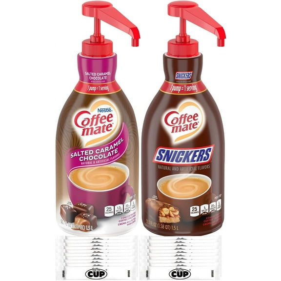 Coffee mate Salted Caramel Chocolate & Snickers Flavored Liquid Creamer Concentrate Pump Bottles with Sugar Sticks