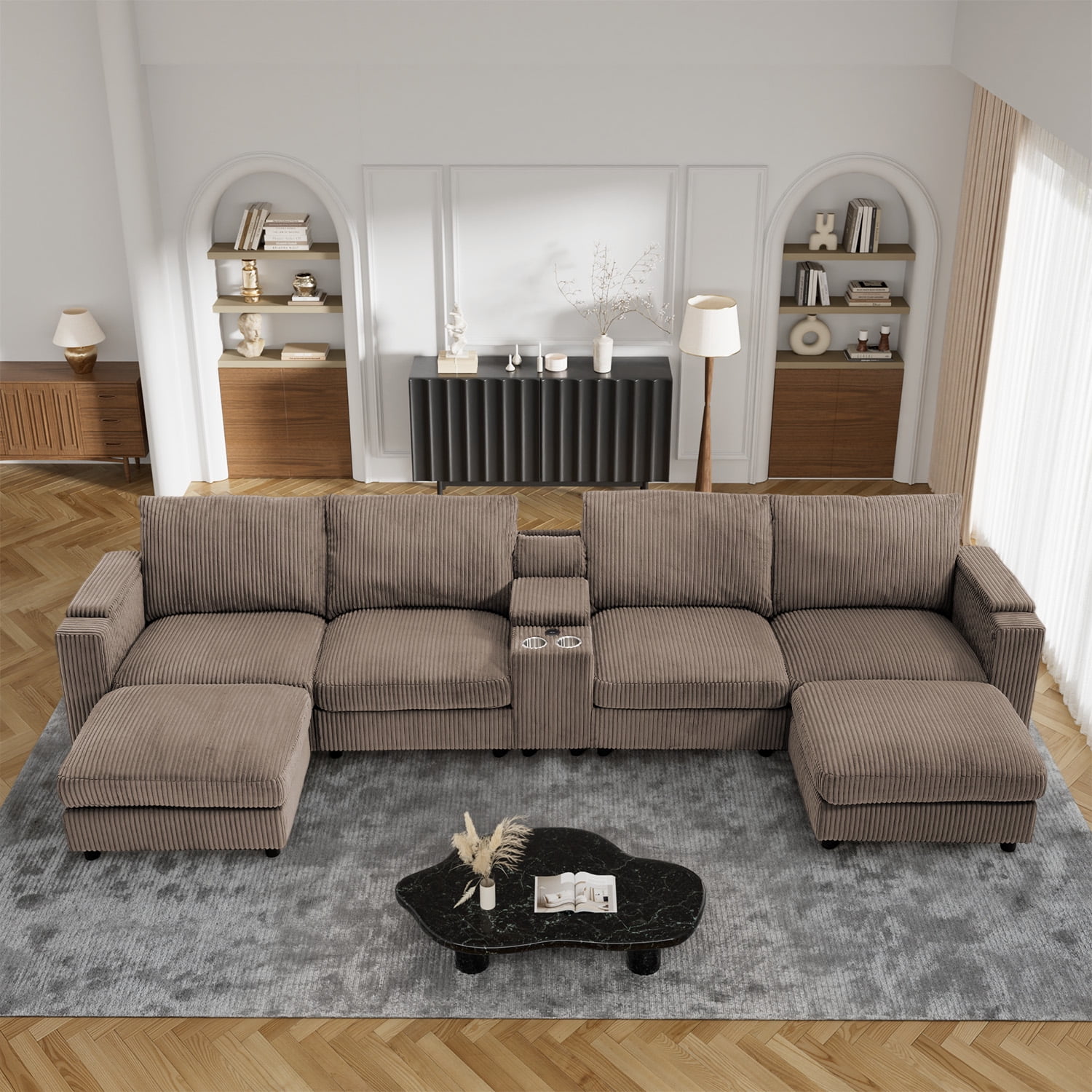 Wiilayok 153" Oversized U-Shaped Cloud Couch Sectional with Modular Design for Living Room: Comfy Corduroy, Ottoman, USB Port, Cup Holder, Armrest Storage, Side Pocket, Brown