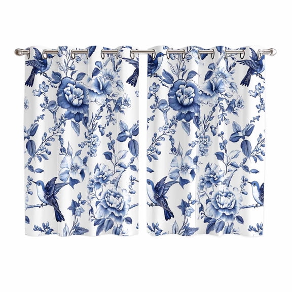 White Blue Spring Floral Kitchen Curtains 63 Inch Length, Summer Botanical Hummingbird Grommet Top Bedroom Living Room Curtains, Light Filtering Cafe Curtain Drapes 2 Panels Set 104''x63''