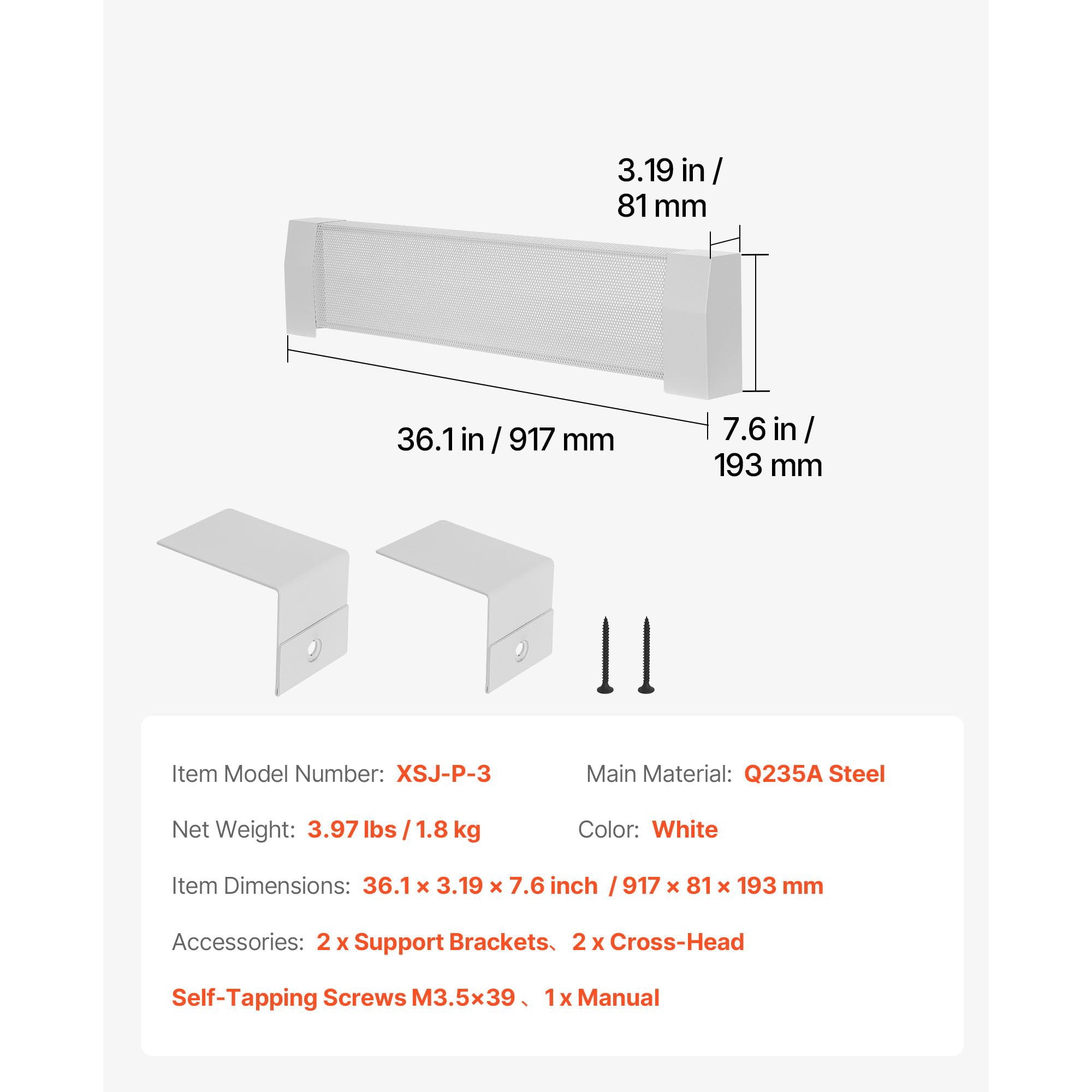 Baseboard Heater Cover 3ft Powder-Coated Steel for Home Living Room Bedroom