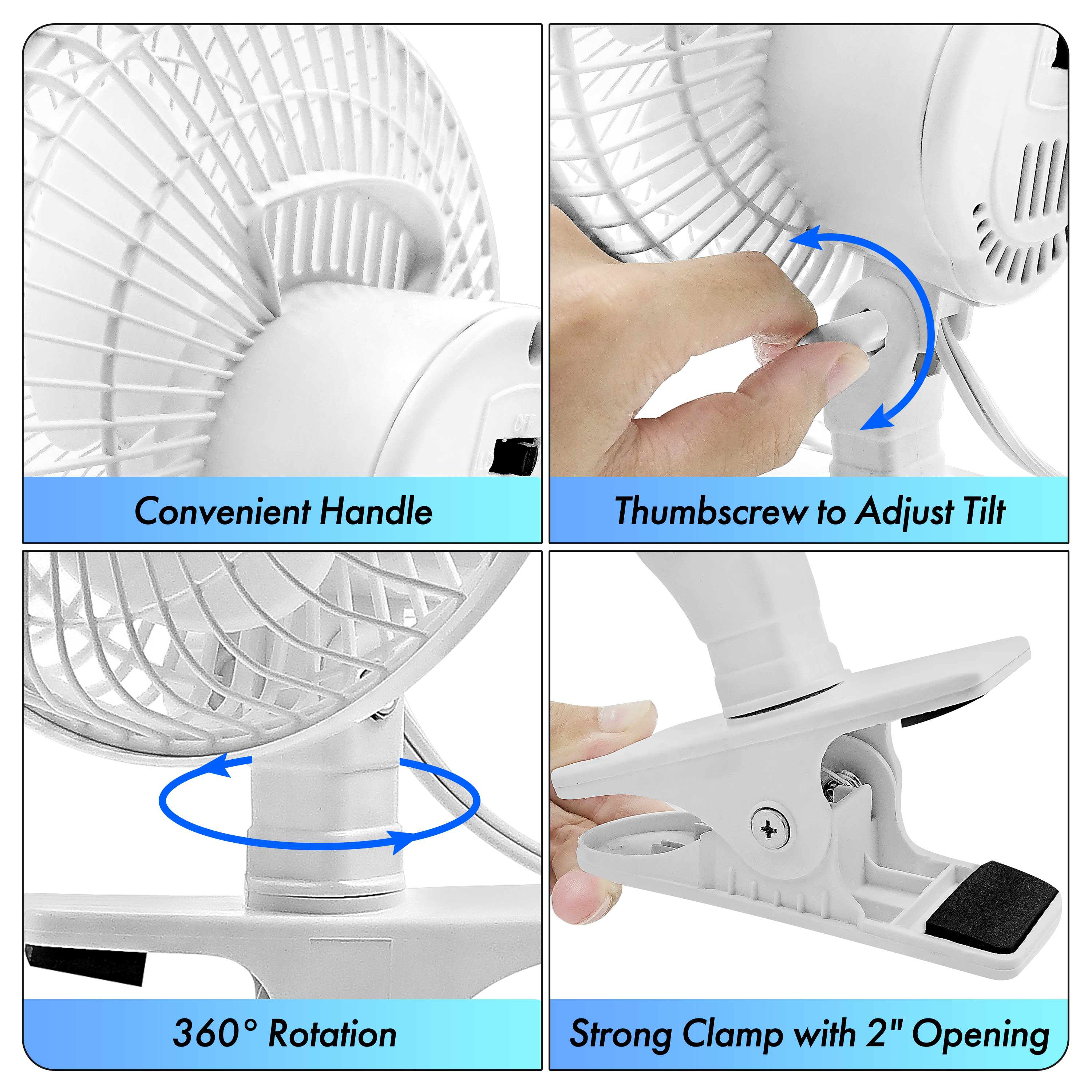 Comfort Zone 6" 2-Speed Portable, Indoor Desk Fan W/Clip, Adjustable Tilt, Rotates 360, White - image 4 of 7