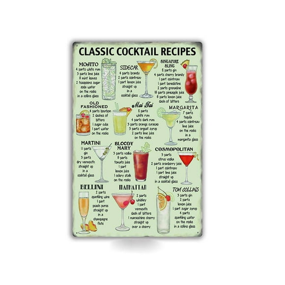 Size: 16" x 12" Classic Cocktail Recipes Vintage Tin Sign Retro Metal Tin Signs Bar Pub Wall Decor Cocktail