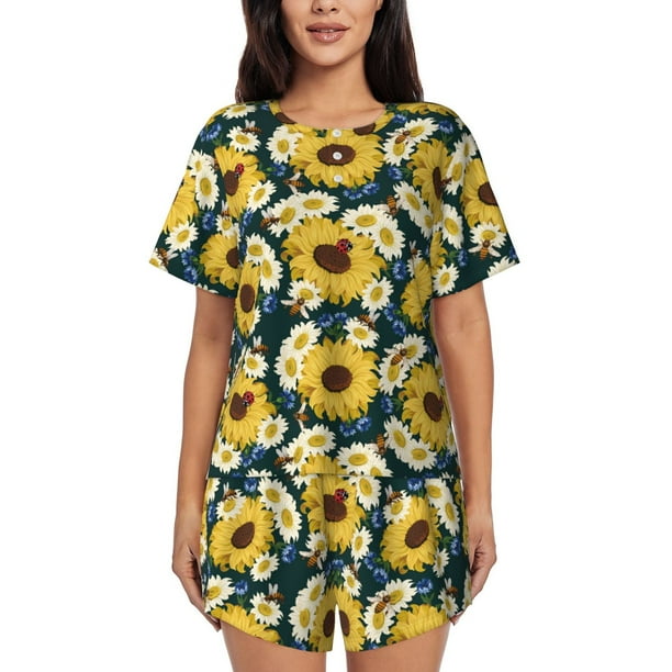Fotbe Sunflowers Conjunto de Pijama Estampado para Mujer, 2 Piezas, Ropa de Dormir con Camiseta de Manga Corta y Shorts Suaves-Medium