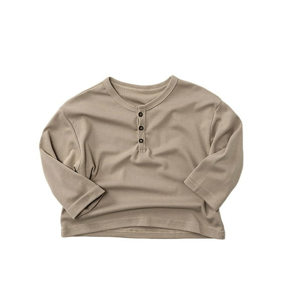 Krdevn Boys Girls Stretch Cotton Long Sleeve Shirt Soft Comfortable Basic Tee Everyday Casual Wear for Toddlers Kids,Color:Khaki,Size:1-2 Years