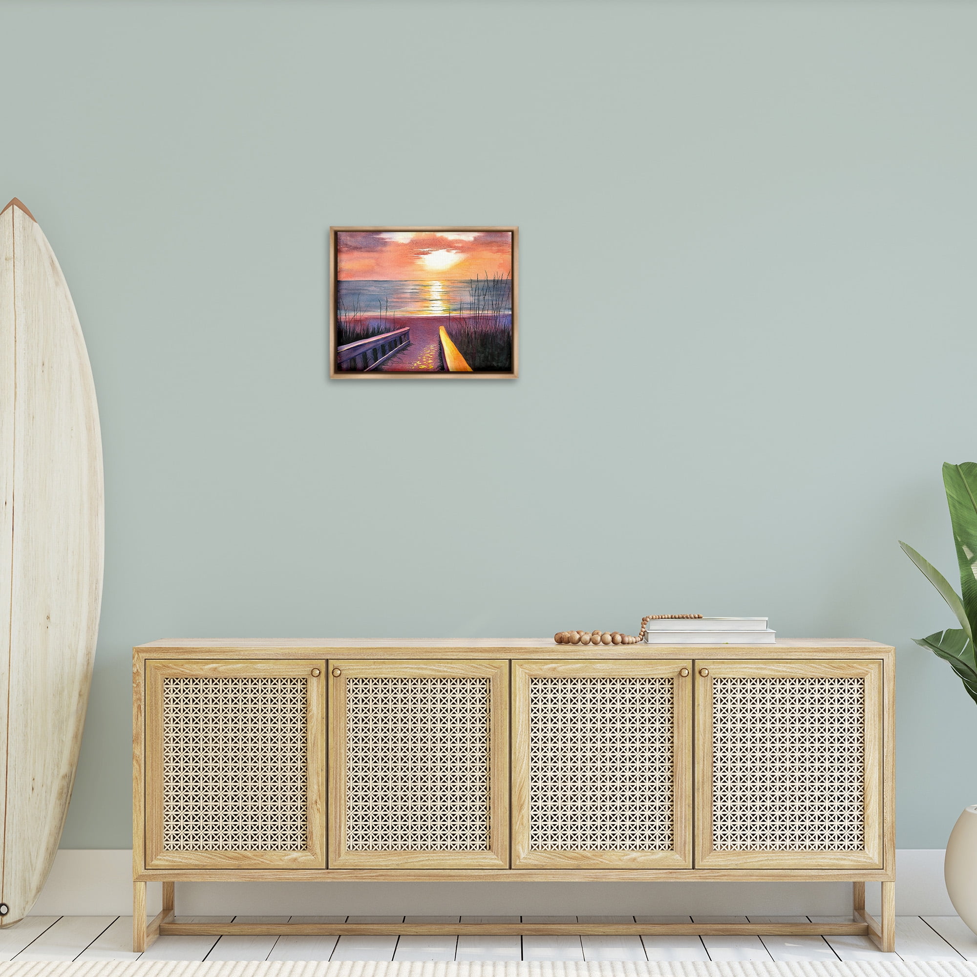 Stupell Industries Sunlit Beach Pathway Landscape Painting Brown Floater Framed Canvas Art Print Wall Art, 21 x 17