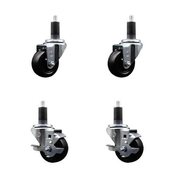 3 Inch Soft Rubber Wheel Swivel 1-1/4 Inch Expanding Stem Caster Set 2 Brakes