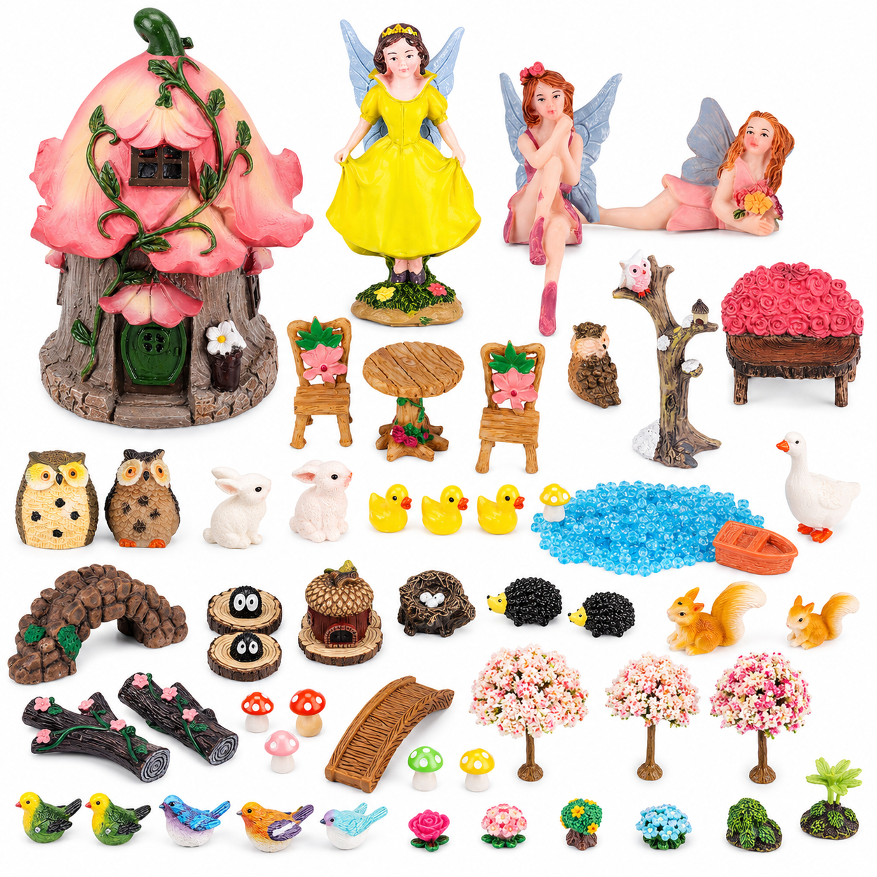 93-Piece Fairy Garden Accessories Kit Miniature Resin House Figurines Animals and Ornaments for Dollhouses Terrariums and Plant Pots