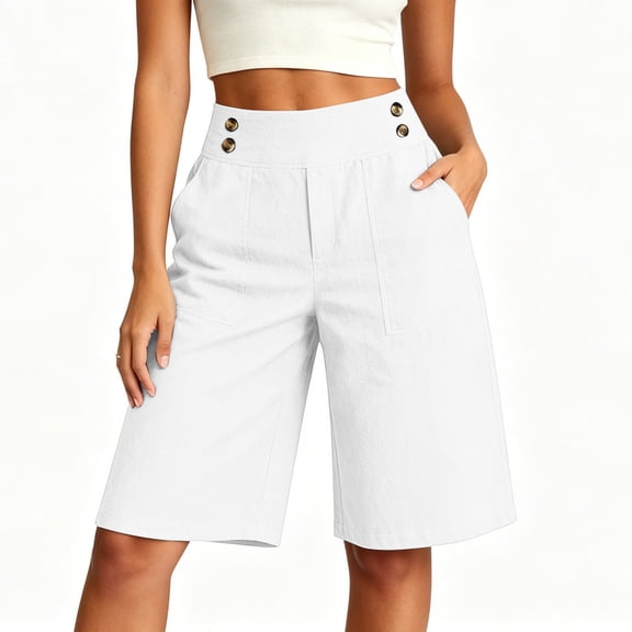 Karymi Summer Outfits Solid Cotton Linen Blend High Waist Double Buttons Wide Leg Knee-Length Bermuda Shorts with Side Hand Pockets Women's Clothing