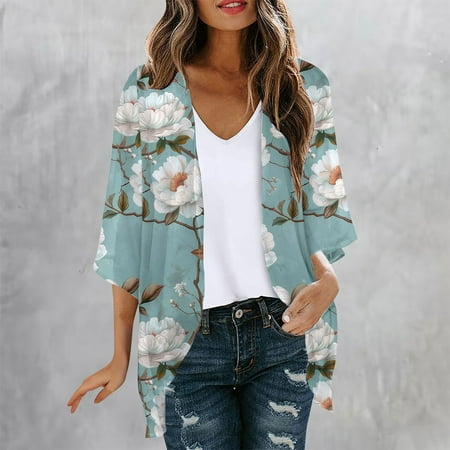 Abomasnow Women s Swim Cover Ups Floral Print 3/4 Sleeve Lightweight Chiffon Open Front Kimono Cardigan Casual Summer Loose Bikini Swimsuit Cover Up Blouse Tops