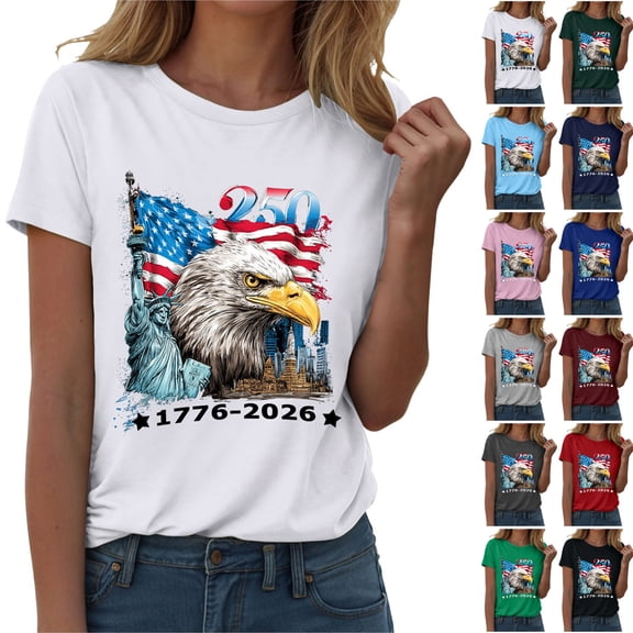 COMVALUE Women's Short Sleeve Patriotic Flag Eagle Print Top 250th Anniversary USA 1776-2026 Tshirt Gift (Blue, XXL)