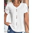 thumbnail image 2 of Camiseta con cuello en V para mujer, mangas cortas de pétalos, botón frontal, blusas sueltas informales caladas, blanco XXL, 2 of 6