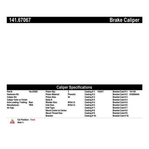 Centric Parts Disc Brake Caliper P/N:141.67067