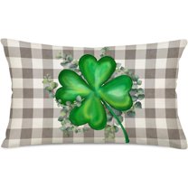 St. Patrick''s Day Lumbar Pillow Covers 12x20 Inch Grey Buffalo Plaid Check Green Clovers Lucky Shamrock Home Decor Throw Pillow Cases Leaves Spring Farmhouse Decoration Cushion Cover