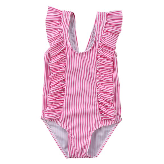 stylesilove Baby Girl Ruffle Striped Swimsuit One-Piece (90/12-18 Months, Pink)
