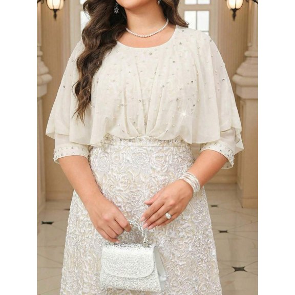 Apricot Plus Size Elegant Party Rhinestone Embellished Dress With Cap Sleeves And Belted Waist