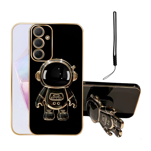 Annyojo for Galaxy A35 Case with 6D Plating Astronaut Hidden Stand and Lanyard Strap Soft Shockproof Protective Cover Luxury Phone Case for Samsung Galaxy A35 5G - Black