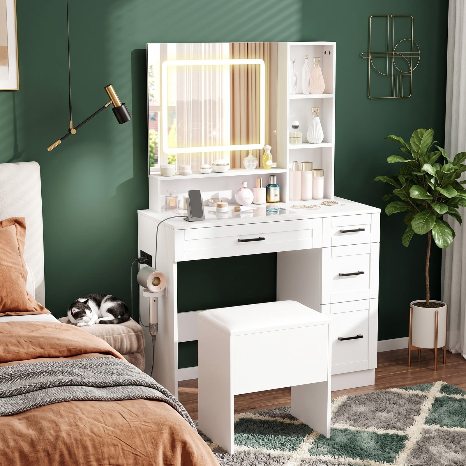 Furnibear Vanity Desk with Lighting and Hair Dryer Stand, Makeup Vanity Table with 3 Color Modes, Charging Station, 4 Drawers and Cushioned Stool, White