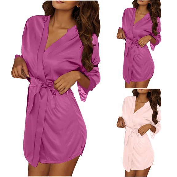 SHTXOZHI Womens 3 Piece Robes Solid Color Short Bathrobe 3/4 Sleeve Satin Sleepwear Basic Loungewear with Belt