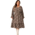 thumbnail image 3 of DARING DIVA Plus Size Floral Print V Neck Long Sleeve Maxi Dress 1X Brown, 3 of 6