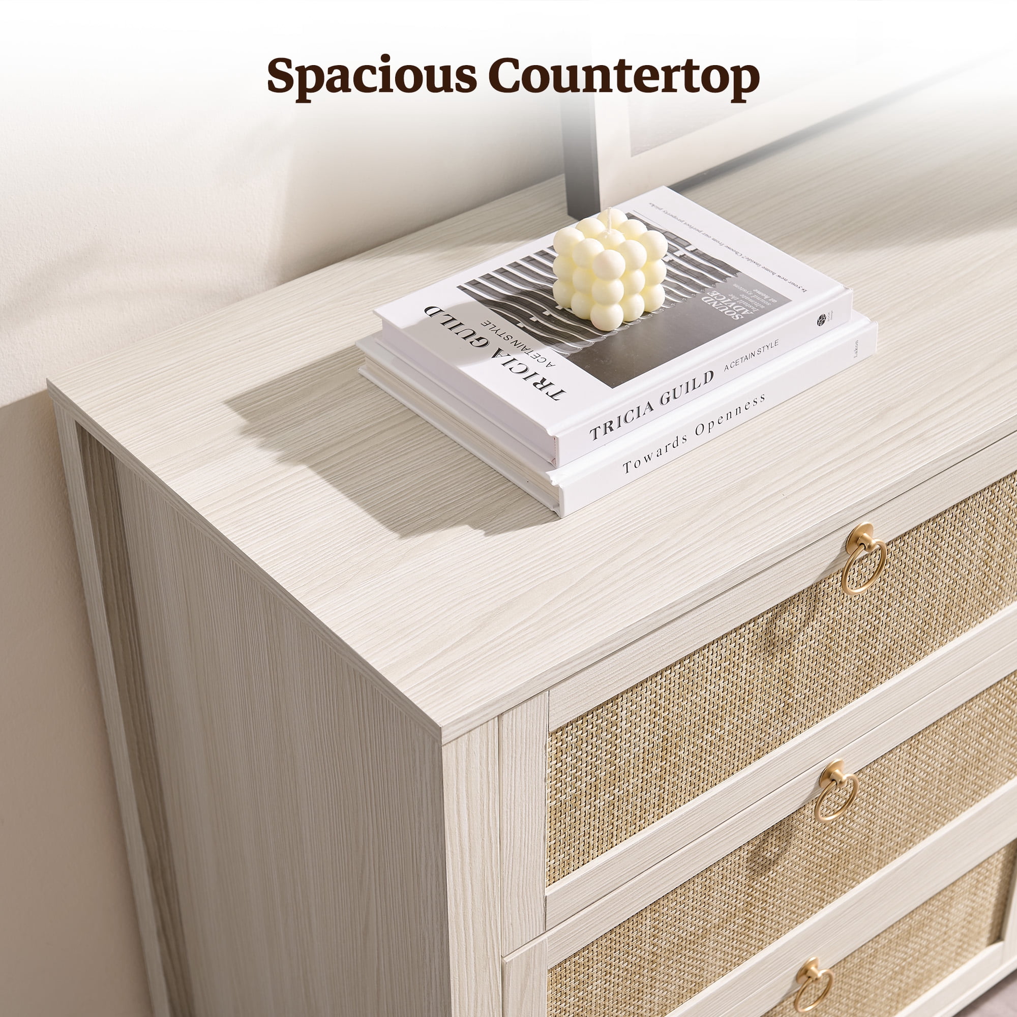 SICOTAS 51.14" Wide 6-Drawer Rattan Dresser, White Boho Chest of Drawers with Gold Handle for Bedroom, Coastal Bedroom Furniture White Oak Dressers for Bedroom