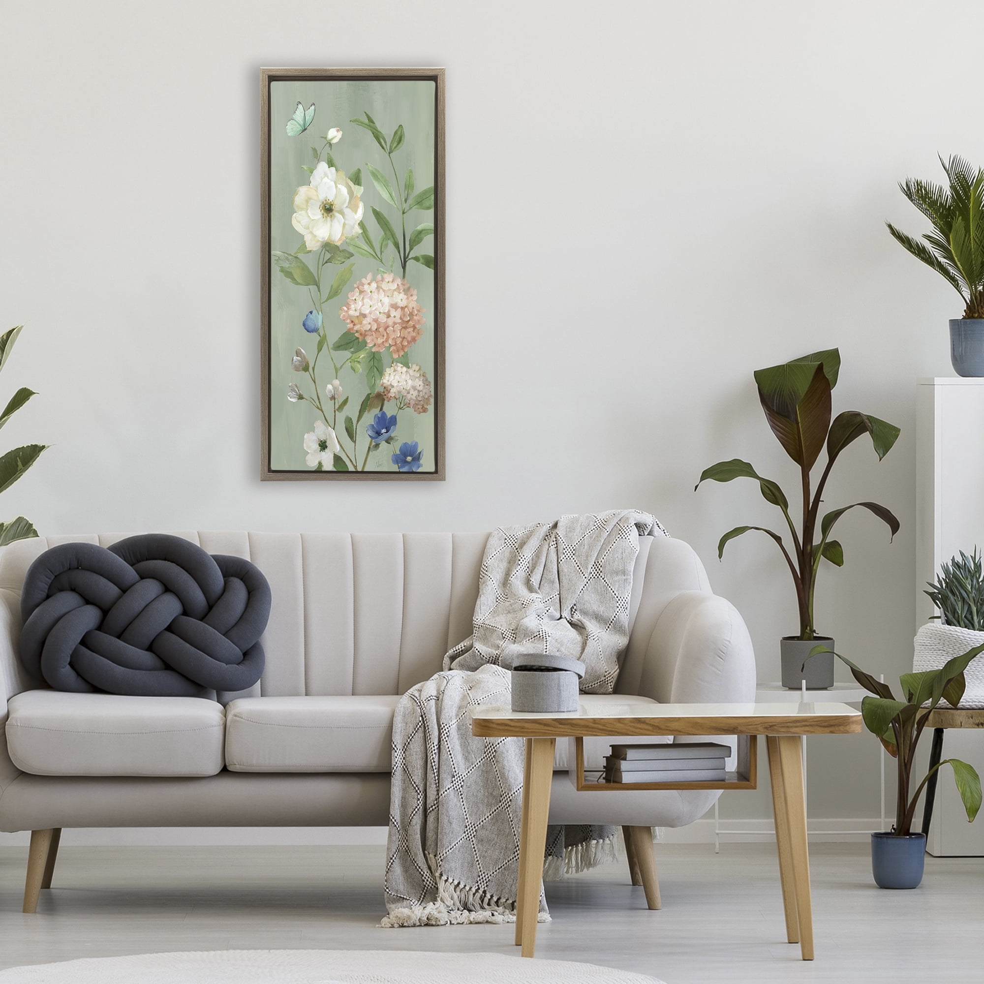 Stupell Industries Mint Floral Cluster & Butterfly Brown Framed Floater Canvas Wall Art, design by Nan